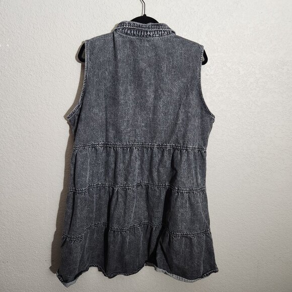 Denim Dress Sleeveless Gray Acid Wash Denim Button-Up Tunic Tiered Skirt Design - Picture 2 of 13
